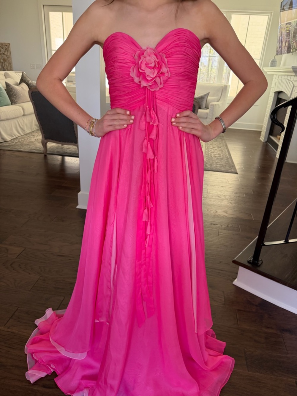 Ava Presley Bubblegum Hot Pink Strapless Floral Prom Gown
